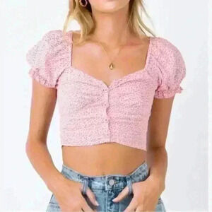 Princess Polly The Laura Top Puff Short Sleeve Floral Pink Cropped Top sz 6